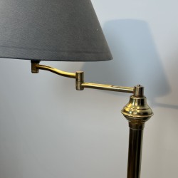 Pair of Brass Floor Reading Lamps with Articulated Arm and Grey Velvet Shades, in the Manner of Maison Jansen, 1970s Work