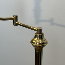 Pair of Brass Floor Reading Lamps with Articulated Arm and Grey Velvet Shades, in the Manner of Maison Jansen, 1970s Work