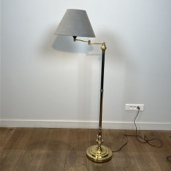 Pair of Brass Floor Reading Lamps with Articulated Arm and Grey Velvet Shades, in the Manner of Maison Jansen, 1970s Work