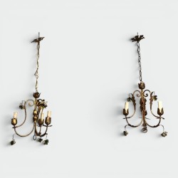 Pair of Gilt Metal Chandeliers with Foliage and Coloured Glass Grape Clusters, Four Arms, Italian Work, 1950s