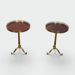 Pair of Small Brass Pedestal Tables with Mahogany Top and Openwork Gallery, Tripod Base, by Maison Jansen, 1950s
