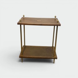 Side Table with Two Tiers of Gilt-Tooled Tawny Leather, Fluted Brass and Pinecones, by Maison Jansen, Circa 1940