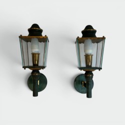 Pair of Lantern Sconces in Green-Patinated Metal and Brass with Glazed Panels, French Work, by Pietro Chiesa for Fontana Arte
