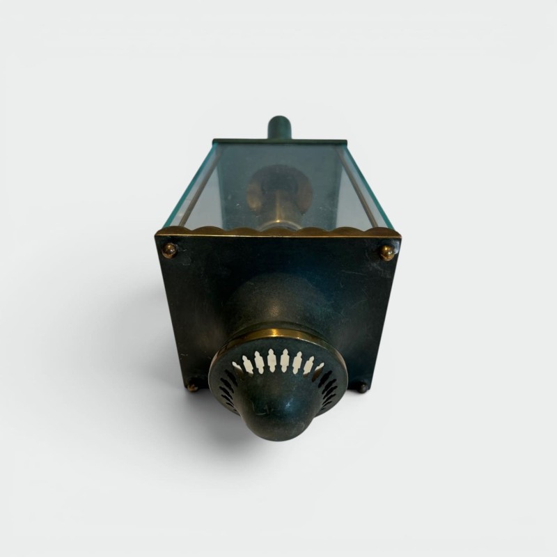 Pair of Lantern Sconces in Green-Patinated Metal and Brass with Glazed Panels, French Work, by Pietro Chiesa for Fontana Arte