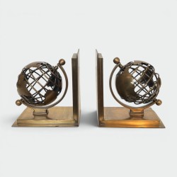 Pair of Brass Bookends Featuring Openwork Terrestrial Globes, Circa 1970