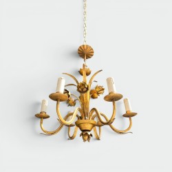 Gilt Metal Chandelier with Flowering Spray Decoration and Sinuous Arms, Neoclassical Style, Circa 1970
