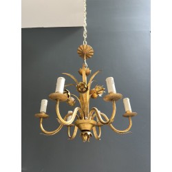 Gilt Metal Chandelier with Flowering Spray Decoration and Sinuous Arms, Neoclassical Style, Circa 1970