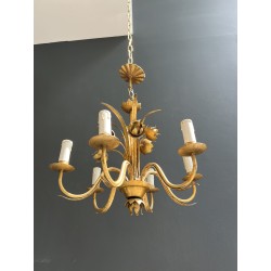 Gilt Metal Chandelier with Flowering Spray Decoration and Sinuous Arms, Neoclassical Style, Circa 1970