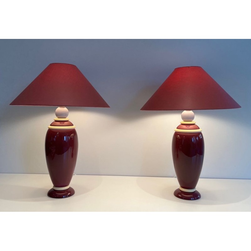 Pair of Pink & Cream Ceramic Table Lamps, French Work, circa 1970