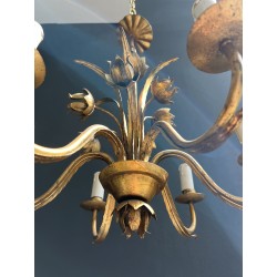 Gilt Metal Chandelier with Flowering Spray Decoration and Sinuous Arms, Neoclassical Style, Circa 1970