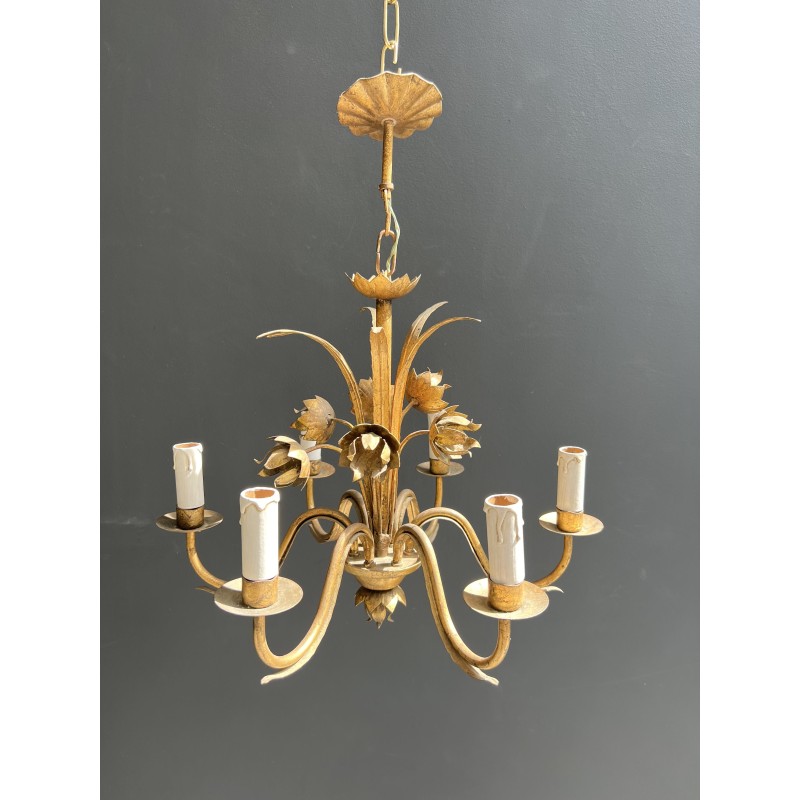 Gilt Metal Chandelier with Flowering Spray Decoration and Sinuous Arms, Neoclassical Style, Circa 1970