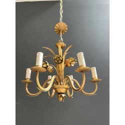 Gilt Metal Chandelier with Flowering Spray Decoration and Sinuous Arms, Neoclassical Style, Circa 1970
