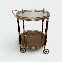 Oval Brass and Mahogany Bar Cart with Openwork Gallery and Bottle Holder, by Maison Baguès, French Work, 1940s.