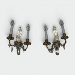 Pair of Moulded Glass and Crystal Parrot Sconces with Two Light Arms, Maison Baguès, Circa 1950