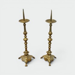 Pair of Large Brass Altar Pricket Candlesticks with a Baluster Shaft and a Tripod Base, 18th Century