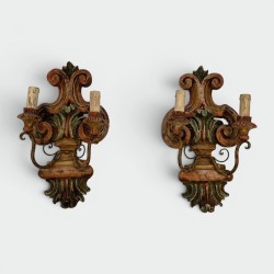 Pair of Wall Lights in Polychrome Carved Wood with a Vase and Acanthus, Iron Arms, Italian Work, Circa 1900