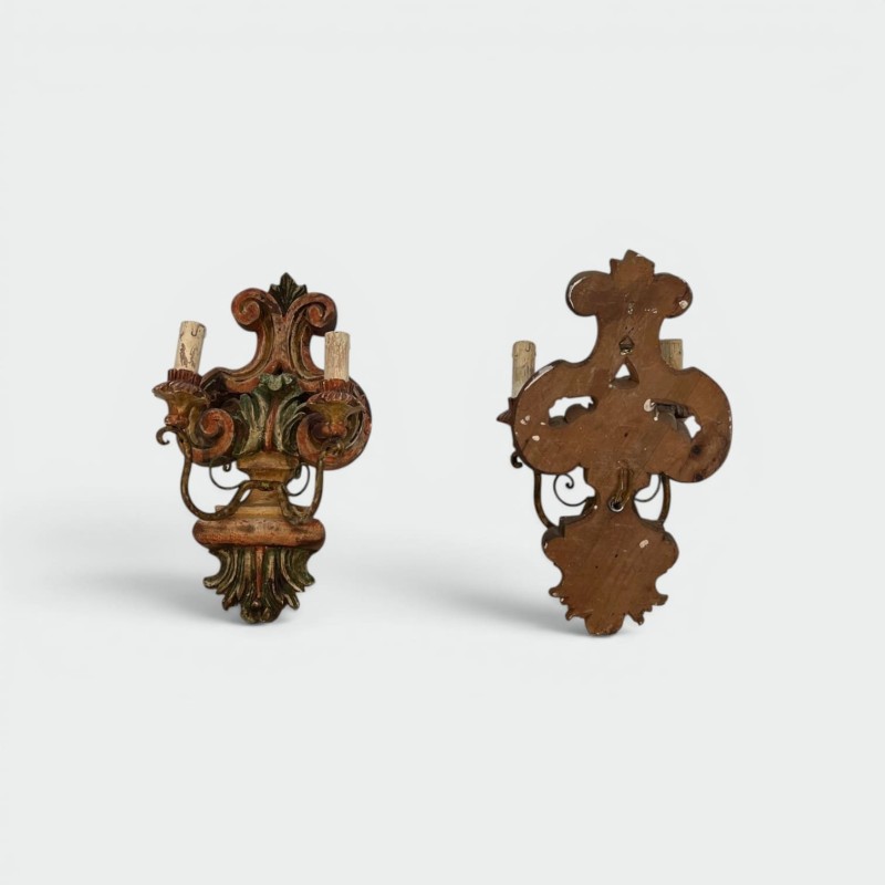 Pair of Wall Lights in Polychrome Carved Wood with a Vase and Acanthus, Iron Arms, Italian Work, Circa 1900