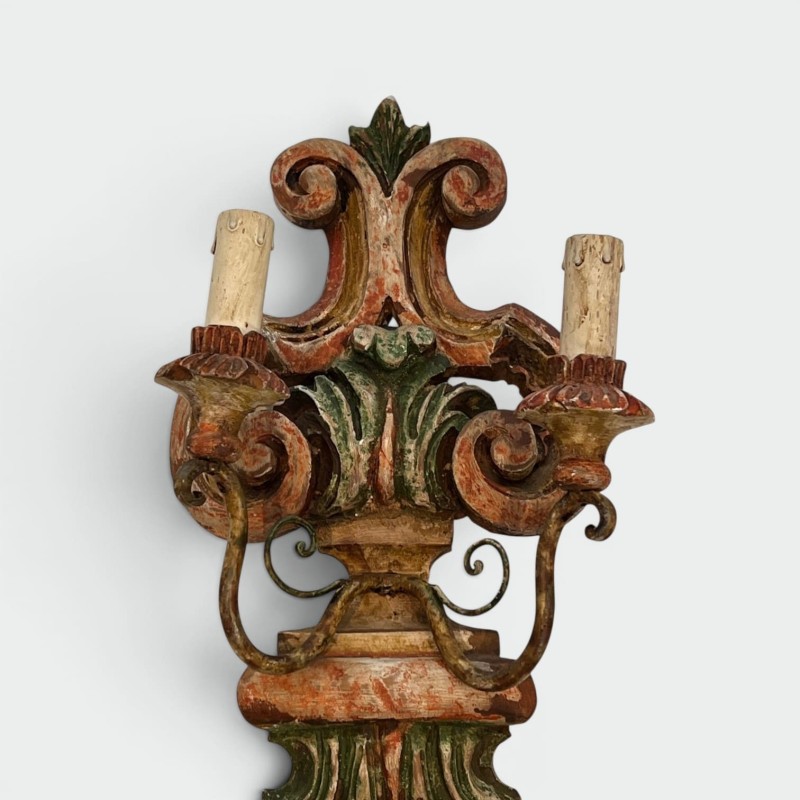Pair of Wall Lights in Polychrome Carved Wood with a Vase and Acanthus, Iron Arms, Italian Work, Circa 1900