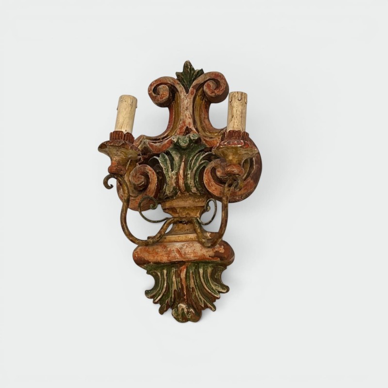 Pair of Wall Lights in Polychrome Carved Wood with a Vase and Acanthus, Iron Arms, Italian Work, Circa 1900
