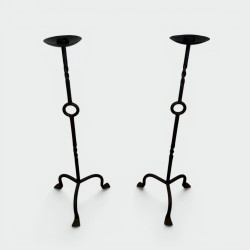 Pair of Wrought Iron Standing Pricket Candlesticks with Twisted Shaft and Ring, Artisanal Work, 1950s