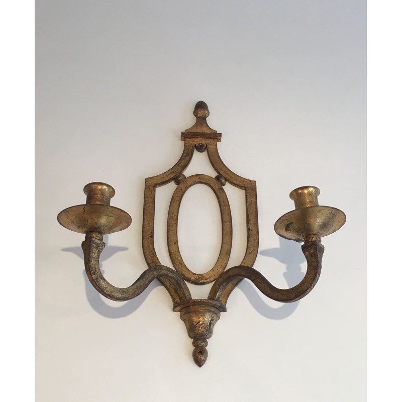 Wall Light in Gilt Wrought Iron with an Oval Escutcheon and Two Arms, in the Style of Gilbert Poillerat, Circa 1940