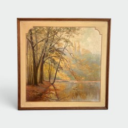 Large Decorative Art Nouveau Panel, Autumn Forest Landscape with a Swan on a Pond, Circa 1910