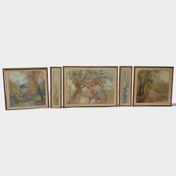 Set of Five Art Nouveau Decorative Panels, Allegory with Vines, Autumn Landscapes and Irises, Circa 1900