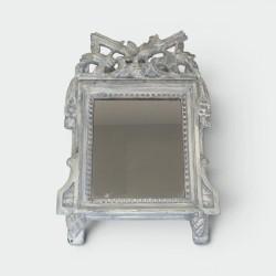 Louis XVI Style Mirror in Carved Wood with a Grey Patina with a Pediment of Doves, 18th Century