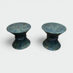 Pair of Bamboo Side Tables in the Shape of a Wheat Sheaf, Turquoise Lacquered, in the Style of McGuire, 1970s