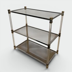 Plexiglas Shelf Unit with Three Smoked Glass Tiers and Brass Ends, 1970s /A