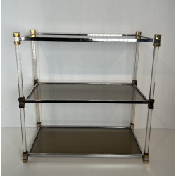 Plexiglas Shelf Unit with Three Smoked Glass Tiers and Brass Ends, 1970s /A
