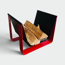 Log Holder in Folded Steel Sheet Lacquered Black and Red, Modernist Work, 1970s