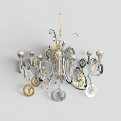 Design Chandelier in Chromed Metal with Scrolls and Optical Glass Lenses, in the Style of Sciolari, Circa 1970