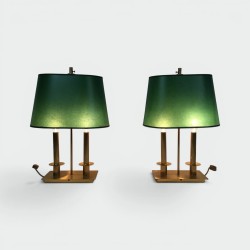 Pair of Two-Light Brass Table Lamps with Green Shades, French Work, in the Manner of Jacques Quinet, 1970s