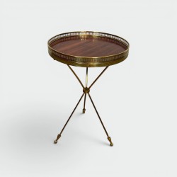 Tripod Brass Guéridon with a Mahogany Top and Openwork Gallery, Neoclassical Style, in the Manner of Jacques Adnet, Circa 1960