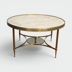 Round Neoclassical Coffee Table in Brass with a Beaded Gallery, White Marble Top and Lower Glass Shelf with an Acorn Finial