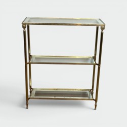 Three-Tier Brass Console with Beaded Frieze, Mirror-Bordered Glass, in the Style of Maison Jansen, Circa 1940