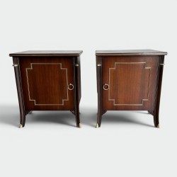 Pair of Neoclassical-Style Side Cabinets with Door in Mahogany and Brass Inlay, in the Style of Maison Jansen, 1940s
