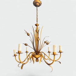 Gilt Metal Chandelier with Reed Spray Decoration, Coco Chanel Style, Circa 1970