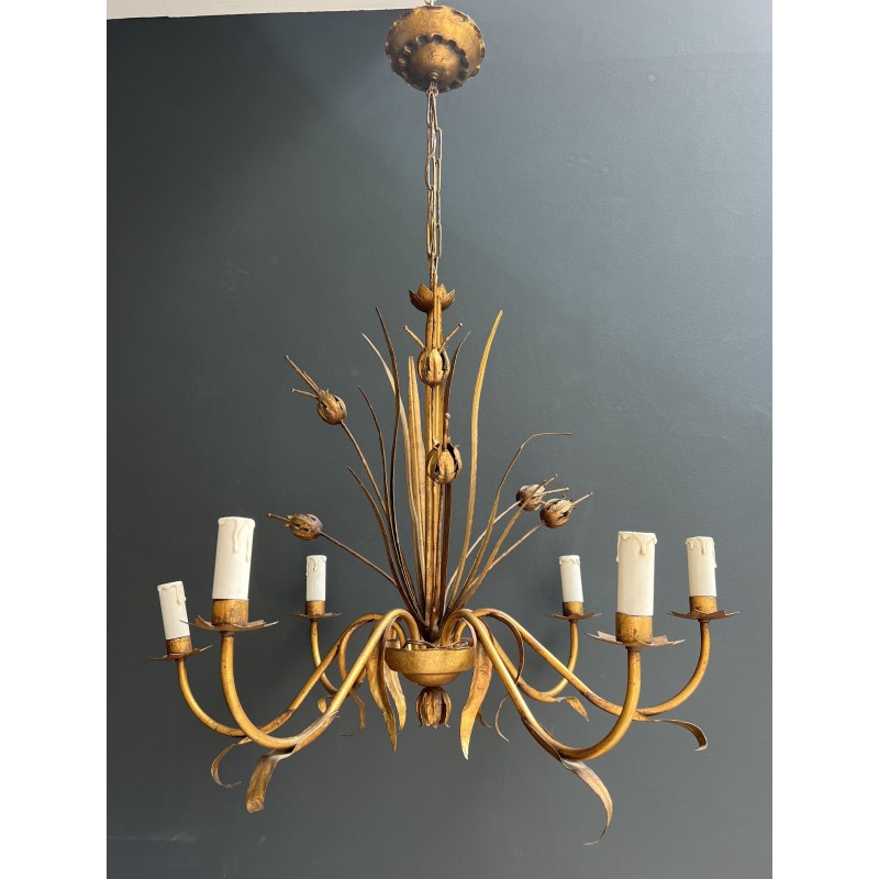 Gilt Metal Chandelier with Reed Spray Decoration, Coco Chanel Style, Circa 1970