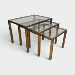 Set of 3 Nesting Tables in Brass and Glass, French Work, by Guy Lefèvre for Maison Jansen, Circa 1970
