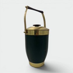 Ice Bucket Sheathed in Green Leather and Brass with an Arched Handle, Italian Work, Circa 1960.