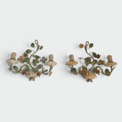 Pair of Flower-Basket Sconces in Painted Tole, Italian Work, Circa 1950