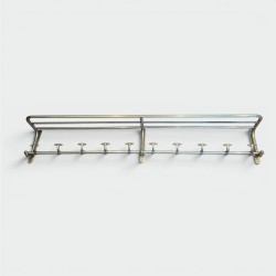 Large Wall Coat Rack in Aluminium with Ten Hooks and Luggage Rack Gallery, in the Spirit of Train Carriages, Circa 1950