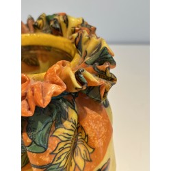 Trompe-l'Œil Ceramic Vase in the Form of a Knotted Sack with Floral Decoration, Modernist Work, 1970s