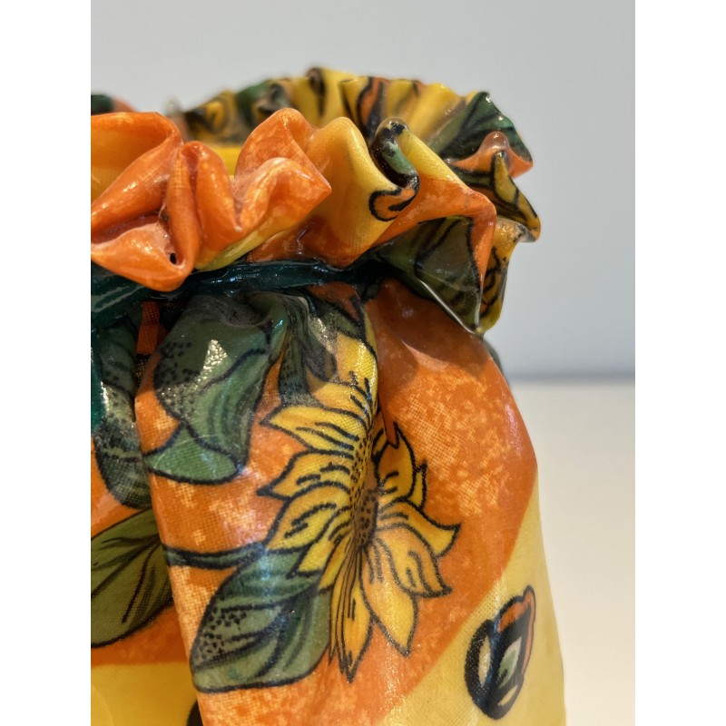Trompe-l'Œil Ceramic Vase in the Form of a Knotted Sack with Floral Decoration, Modernist Work, 1970s