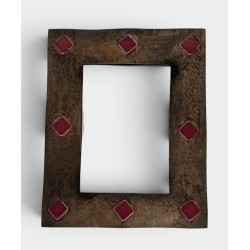 Mirror with Bronze Enamelled Ceramic Frame with Red Lozenge Cabochons, in the Style of Mithé Espelt, 1960s
