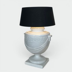 Large White Crackle-Glazed Ceramic Urn Lamp with Drapery and a Greek Frieze, Neoclassical Style, Circa 1970
