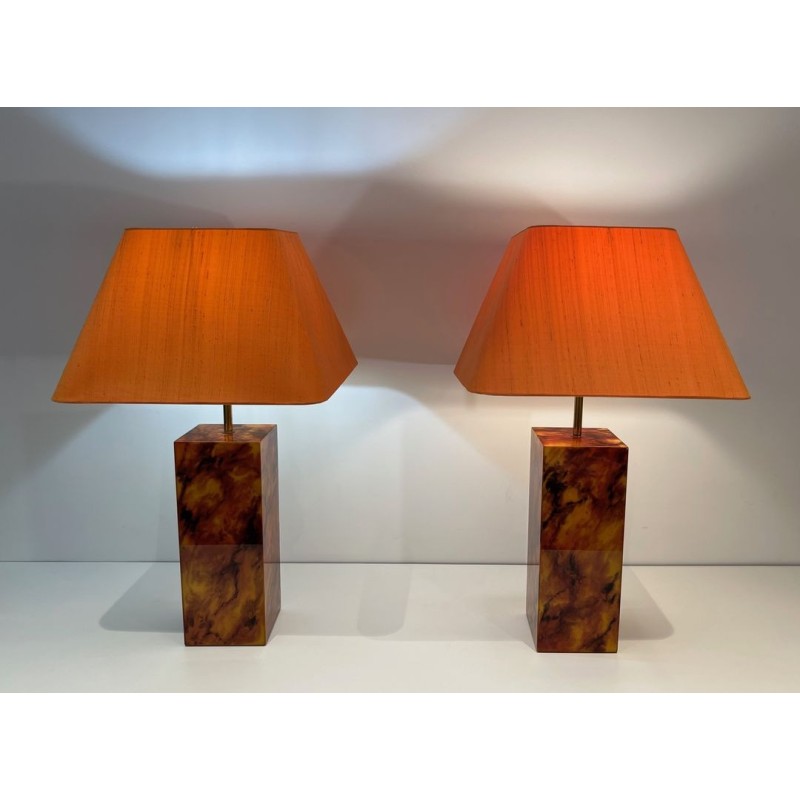 Pair of Lucite Lamps Imitating Tortoiseshell, French Work, circa 1970