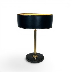Table Lamp in Black Saddle-Stitched Leather and Gilt Brass, in the Style of Jacques Adnet, Circa 1950